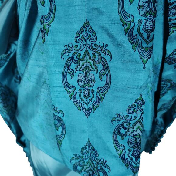 Vintage 60s Novelty Budda Print Cocktail Dress Size 2 Blue Silk Empire Waist - Picture 12 of 15